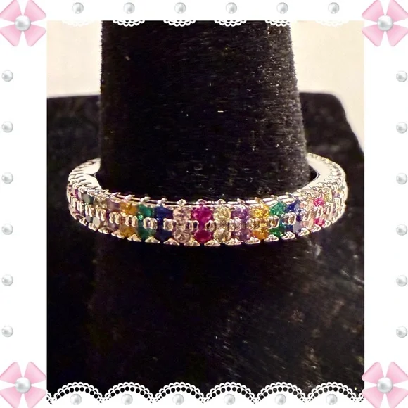 Ring - size 7.75 -New - dainty multi-color rhinestones silver tone band. BOGO ⬇️ - Picture 1 of 9